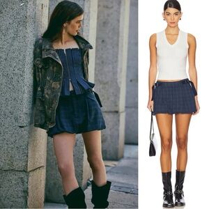 Free People Menswear Subversive Saturn Bubble Micro Mini Skirt Navy Plaid Size 6
